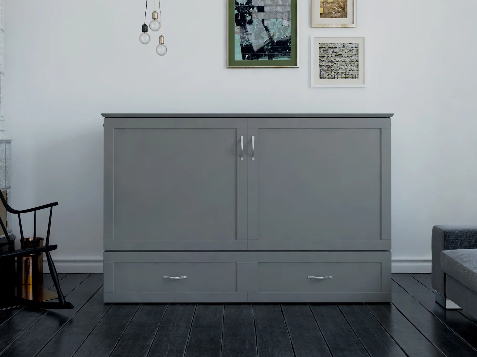 Hamilton Queen Solid Wood Murphy Bed Chest with Mattress, Drawer and Charger in Gray