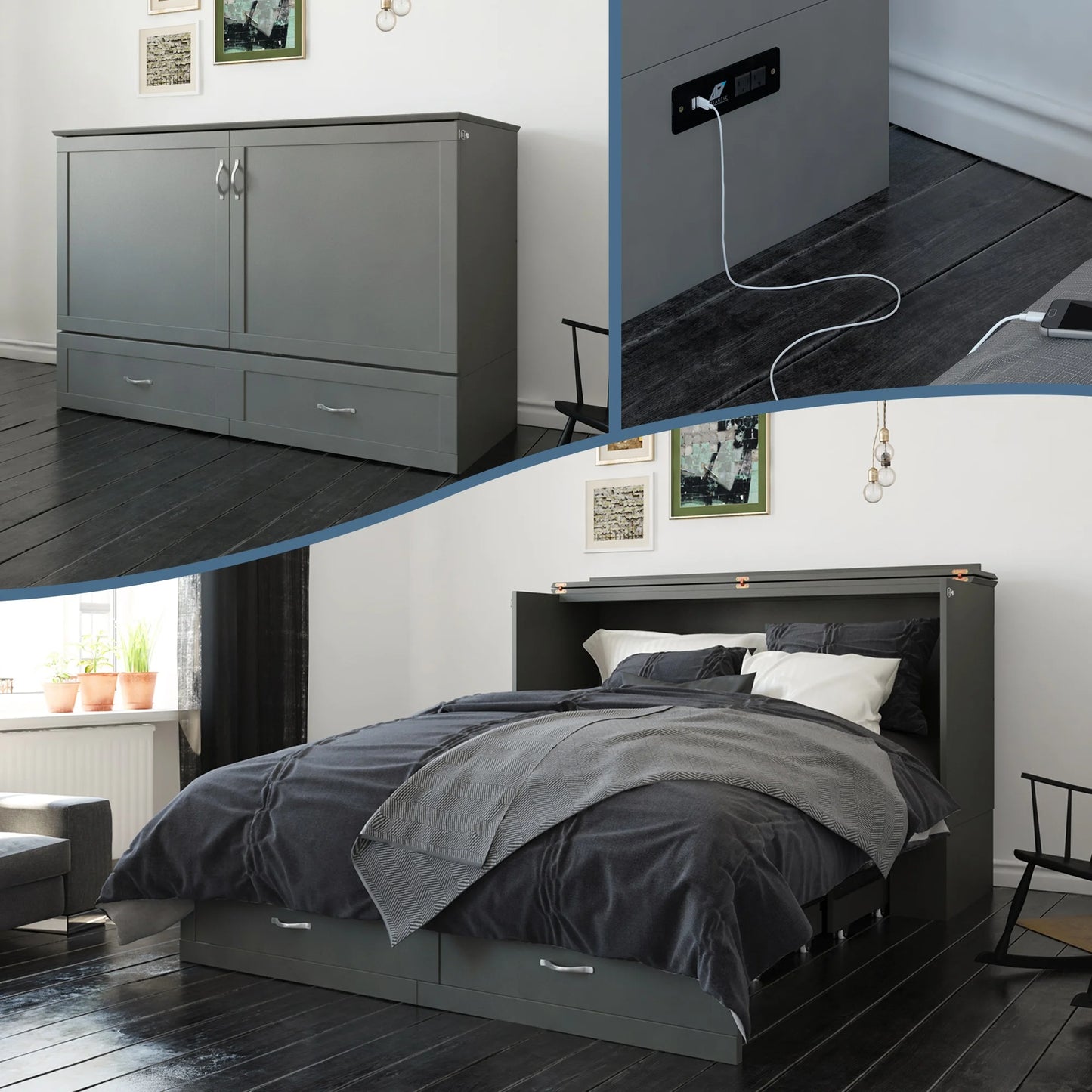 Hamilton Queen Solid Wood Murphy Bed Chest with Mattress, Drawer and Charger in Gray