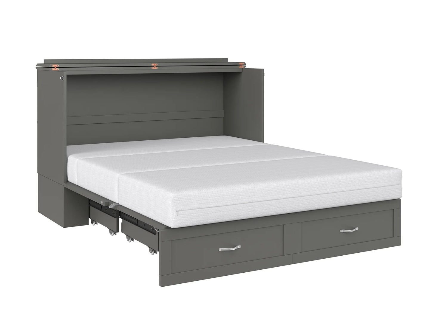 Hamilton Queen Solid Wood Murphy Bed Chest with Mattress, Drawer and Charger in Gray