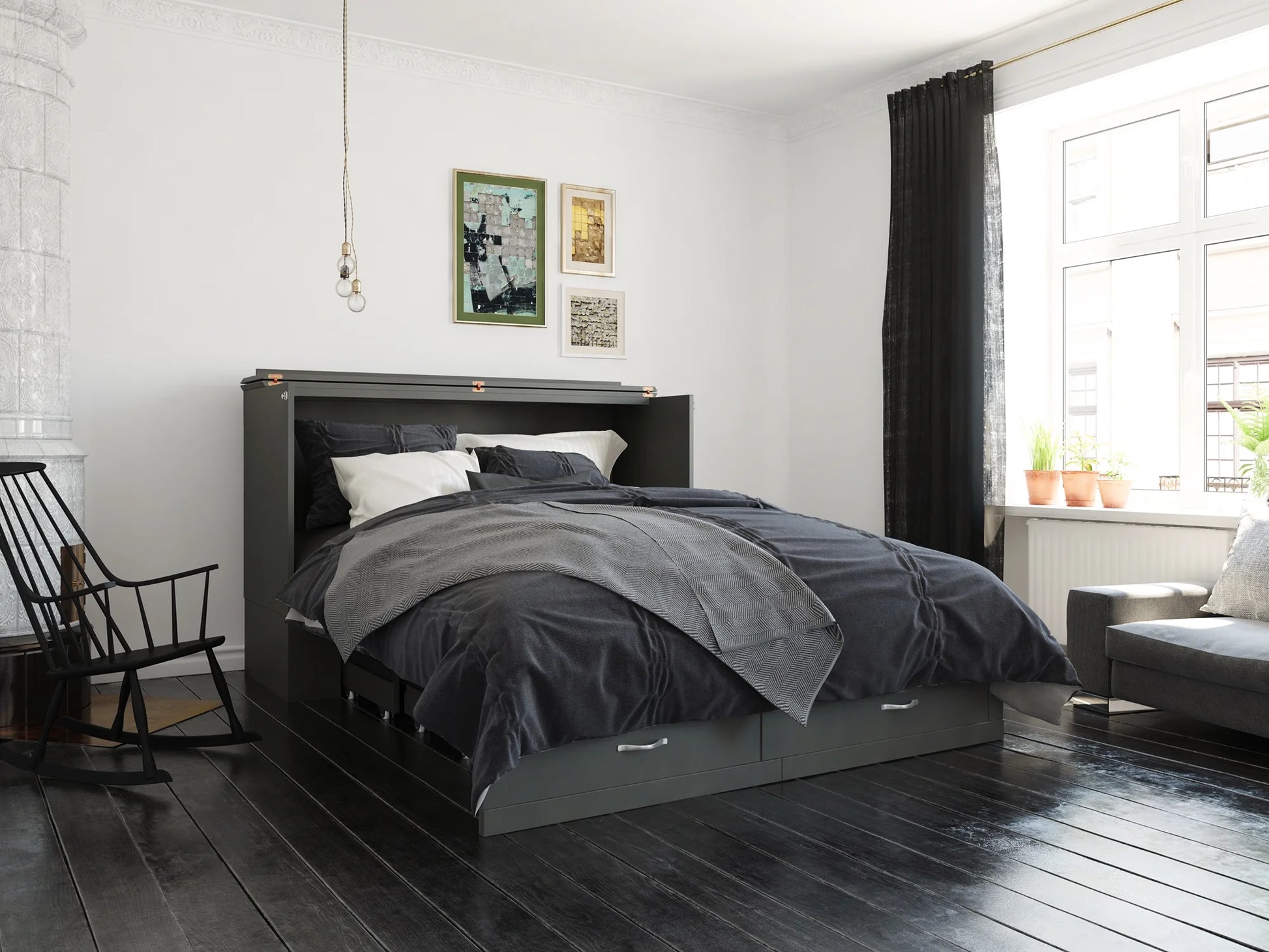 Hamilton Queen Solid Wood Murphy Bed Chest with Mattress, Drawer and Charger in Gray