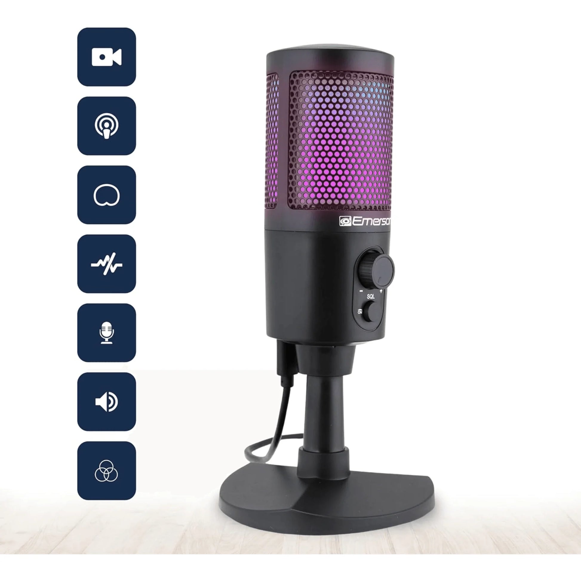 Emerson RGB Lighting USB Gaming and Streaming Microphone with Tap-to-Mute Feature