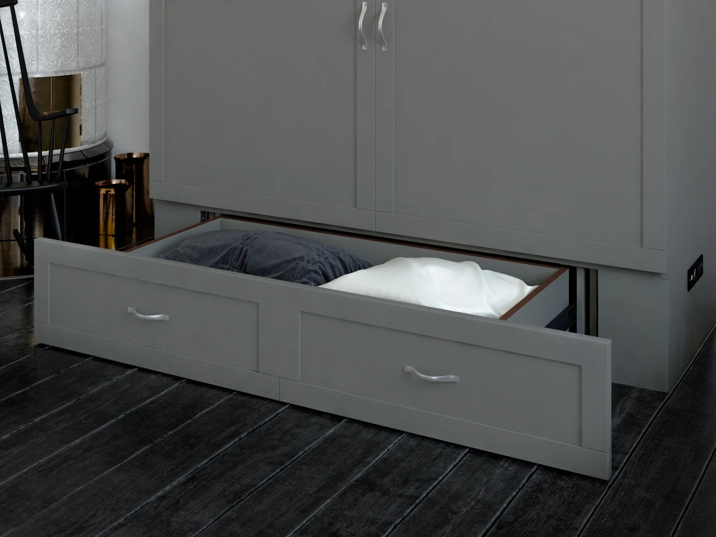 Hamilton Queen Solid Wood Murphy Bed Chest with Mattress, Drawer and Charger in Gray