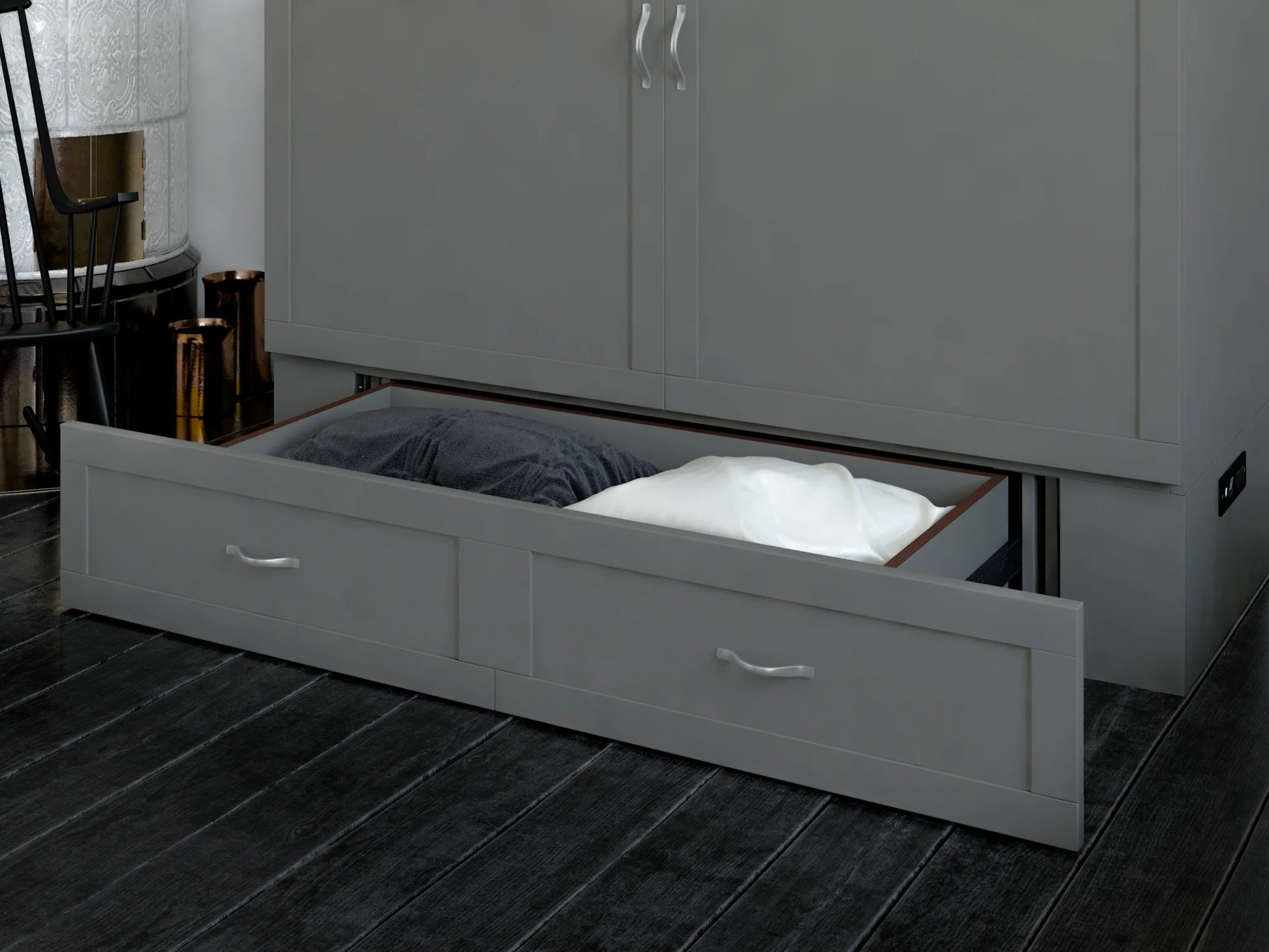 Hamilton Queen Solid Wood Murphy Bed Chest with Mattress, Drawer and Charger in Gray