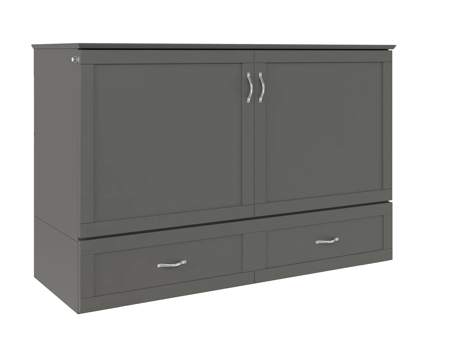 Hamilton Queen Solid Wood Murphy Bed Chest with Mattress, Drawer and Charger in Gray