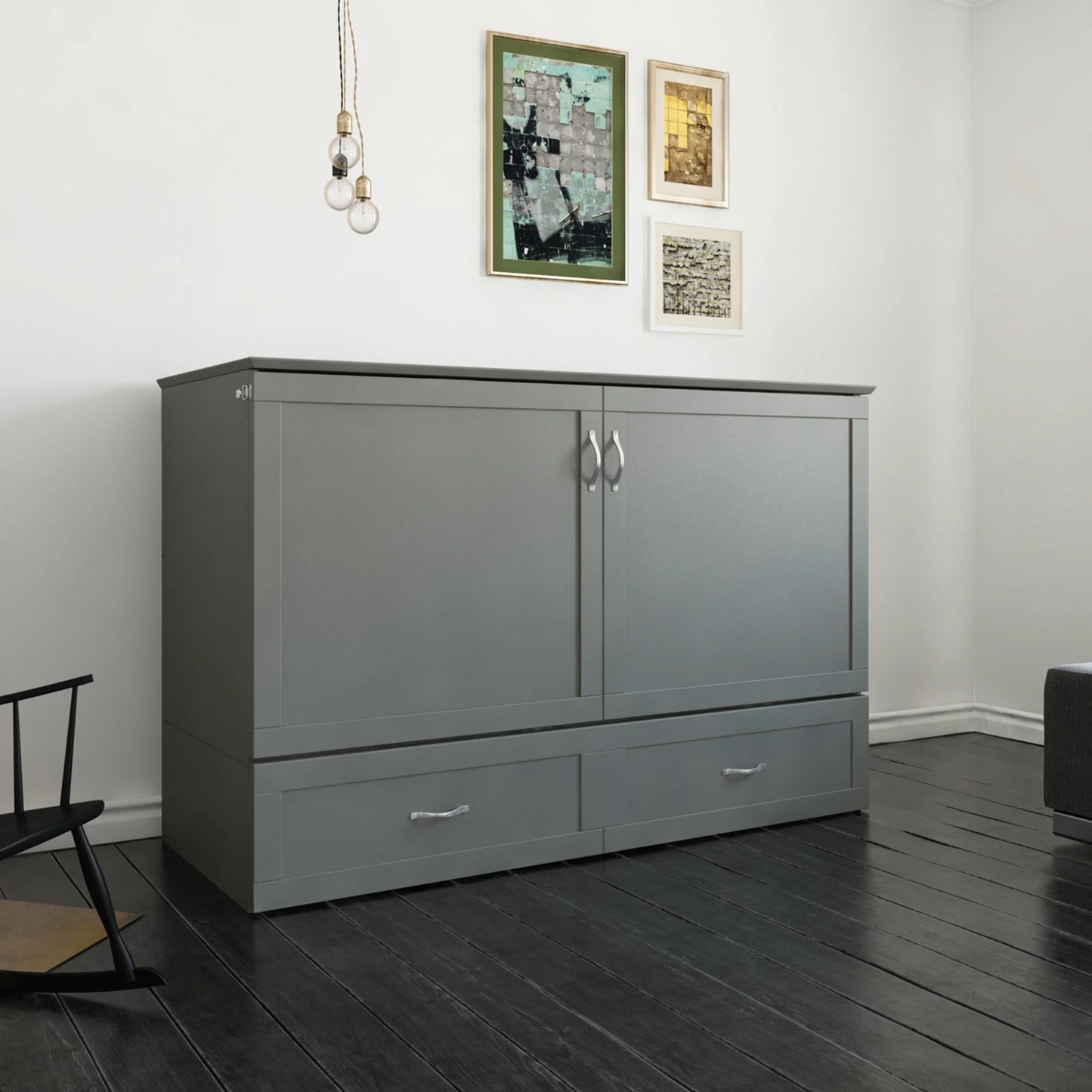 Hamilton Queen Solid Wood Murphy Bed Chest with Mattress, Drawer and Charger in Gray