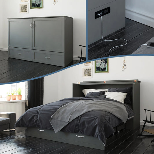Hamilton Queen Solid Wood Murphy Bed Chest with Mattress, Drawer and Charger in Gray