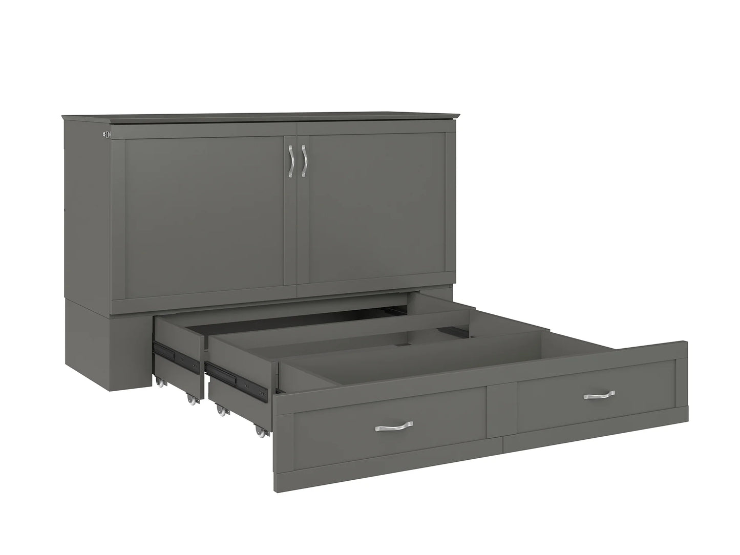Hamilton Queen Solid Wood Murphy Bed Chest with Mattress, Drawer and Charger in Gray