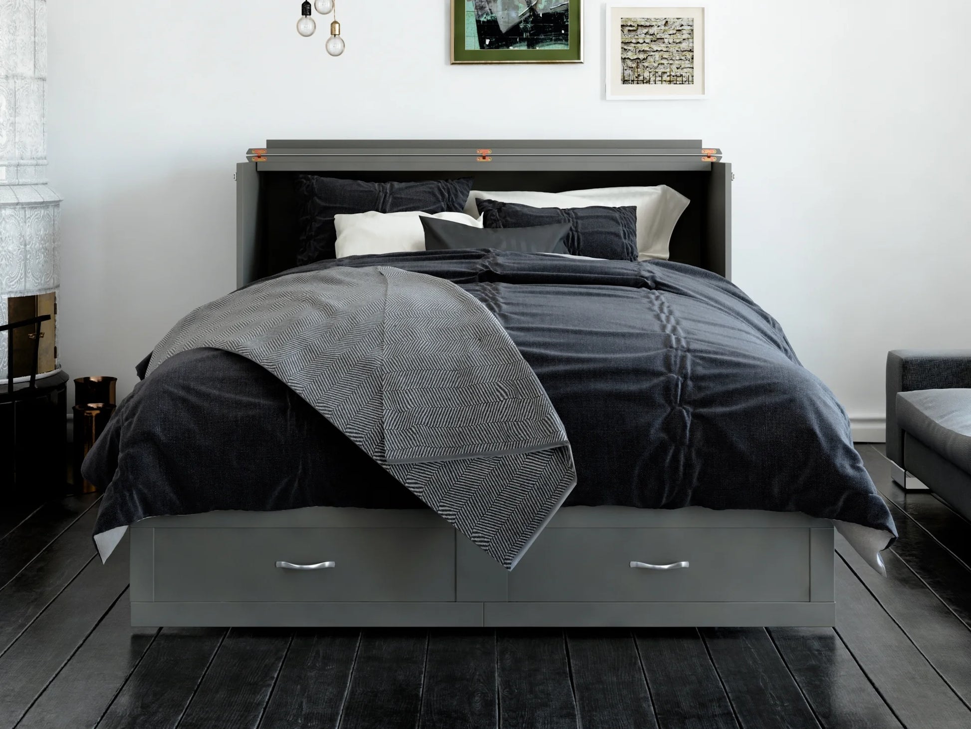 Hamilton Queen Solid Wood Murphy Bed Chest with Mattress, Drawer and Charger in Gray