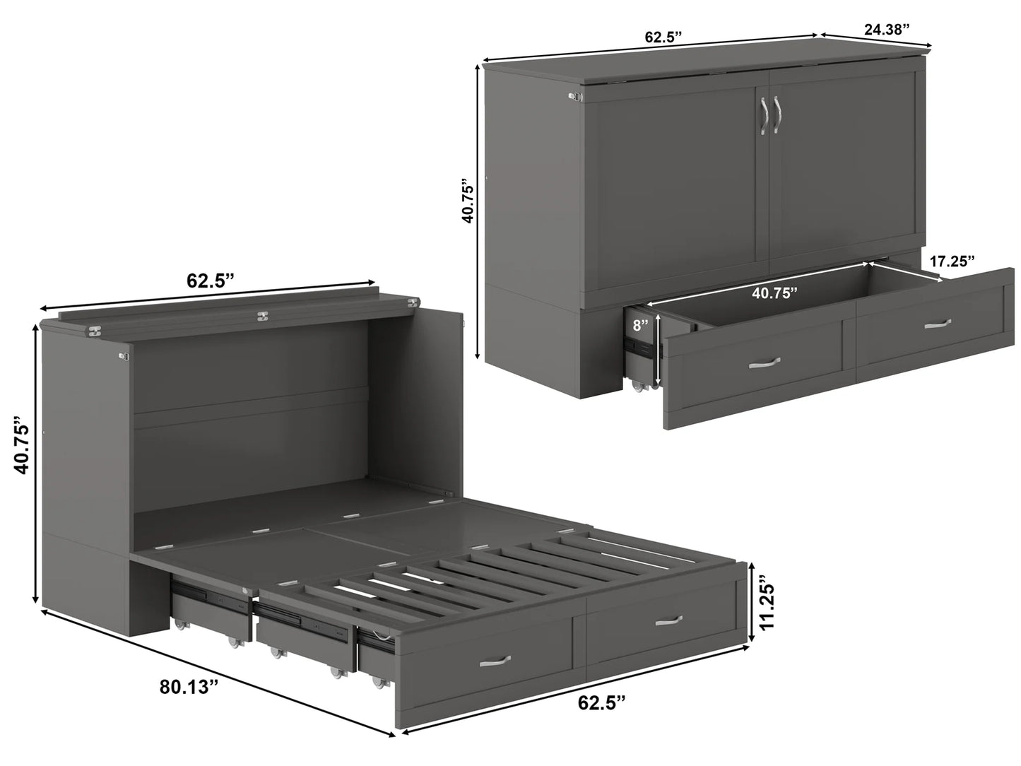 Hamilton Queen Solid Wood Murphy Bed Chest with Mattress, Drawer and Charger in Gray
